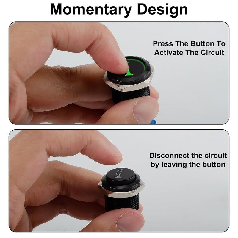 BFXM Horn Button 12v, 16MM Raised Speaker Momentary Push Button Switch, 5/9" Mounting Hole Horn Switchs for Automotive Car Boat Train, Green LED Light Black Stainless Steel Shell - Image 4